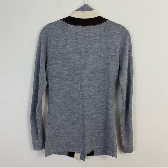 Tory Burch Caz Cardigan 100% Wool Grey Chimney Melange Colorblock Stripe Gray XS - Picture 4 of 8